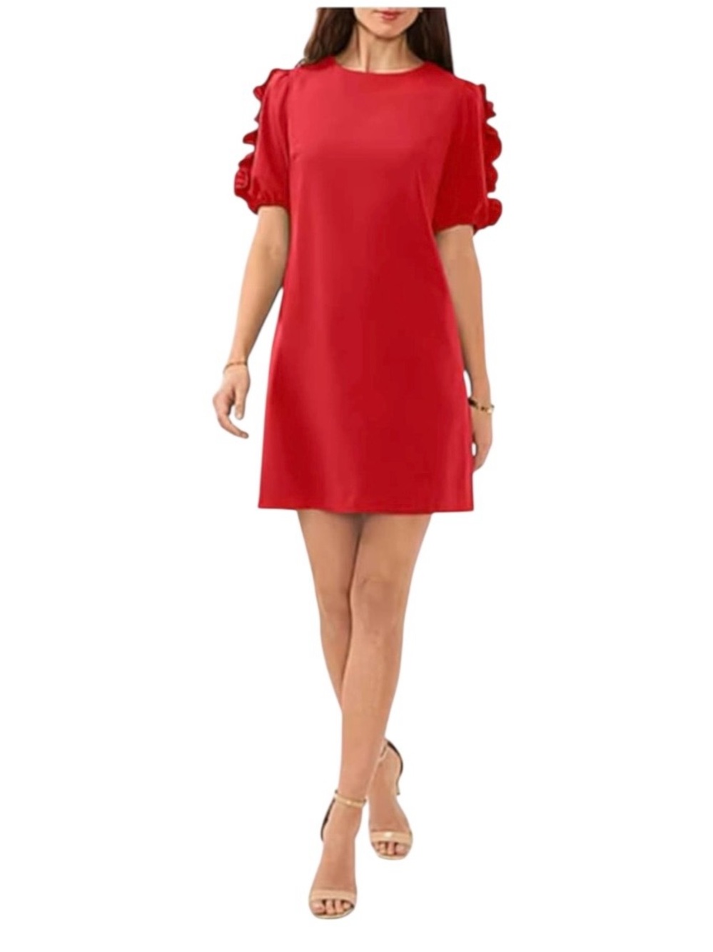 CeCe Vibrant Red Puff Sleeve Mini Shift Dress - Picture 1 of 9